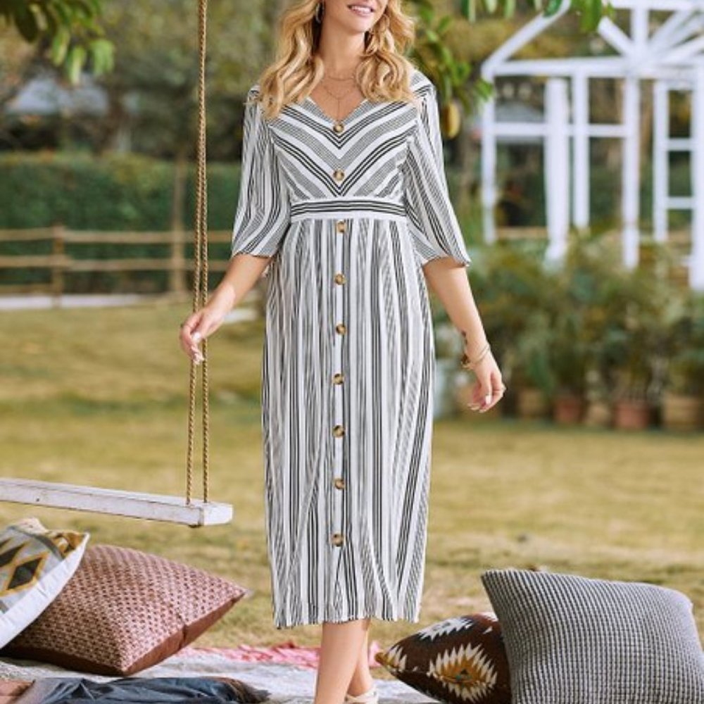 Black & White Stripe Faux Button-Front Maxi Dress